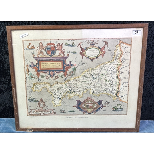 28 - Framed print of Saxton’s Map of Cornwall, 1576. Printed by Taylowe Ltd in 1960. Frame approx 51cm x ... 