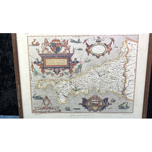 28 - Framed print of Saxton’s Map of Cornwall, 1576. Printed by Taylowe Ltd in 1960. Frame approx 51cm x ... 