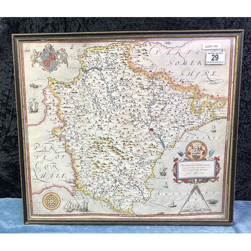 29 - Framed printed hand-coloured Saxton’s Map of Devon 1575. No creases, some foxing, date unknown, fram... 