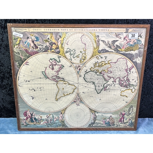 30 - Framed colour print of ‘Orbis Terrarum Nova et Accuratissima Tabula’, a double-hemisphere world map ... 