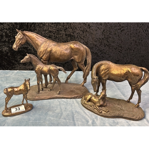 33 - Three horse figurines, one of a mare and foal by Harriet Glen, a Heredities mare and foal (laying do... 