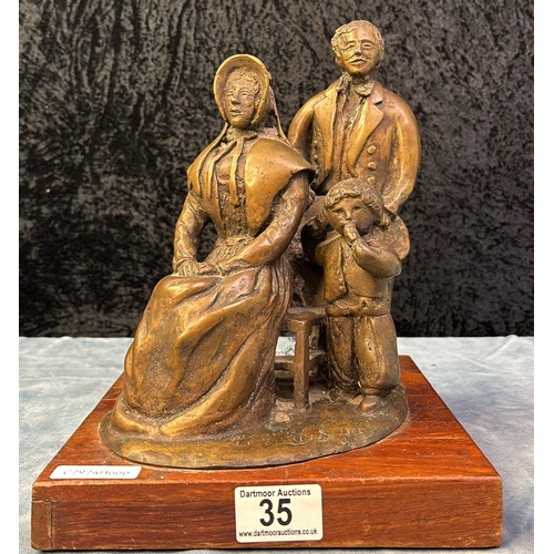 35 - Family portrait brass sculpture on a wooden base, signed Arthur Billing, approx 27.5cm tall (inc. ba... 