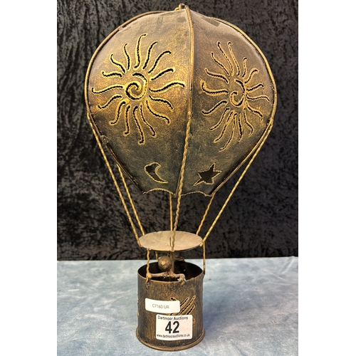 42 - Hanging metal hot air balloon candle holder, approx 38cm tall