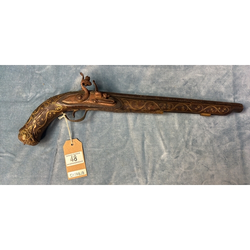 48 - Decorative Eastern flintlock pistol for with wire detail in relief, a/f