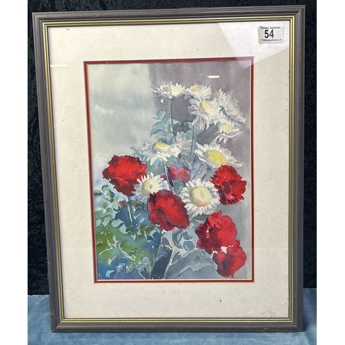 54 - Framed watercolour painting depicting still life carnation and aster or daisy flowers, no visible si... 