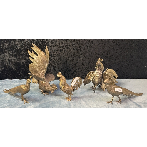 57 - Two large and one small metal cockerels and two pheasants