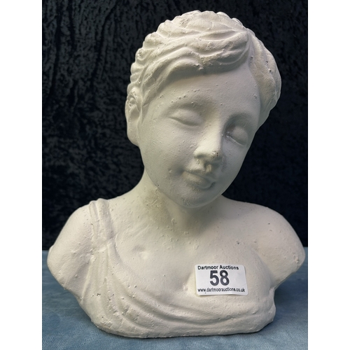 58 - Plaster bust of a girl or young woman, approx 27cm tall