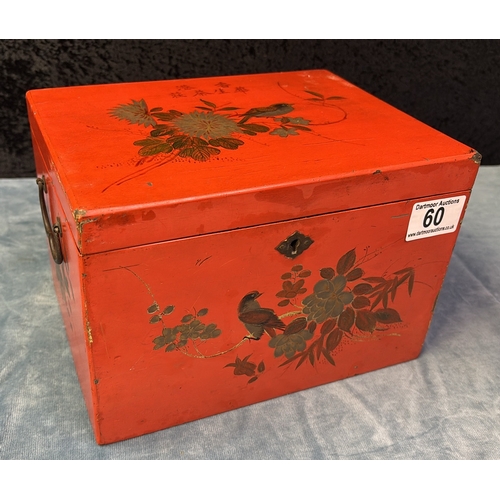 60 - Chinese hand painted lacquer tea chest with bird and floral design and Chinese writing to lid (appro... 