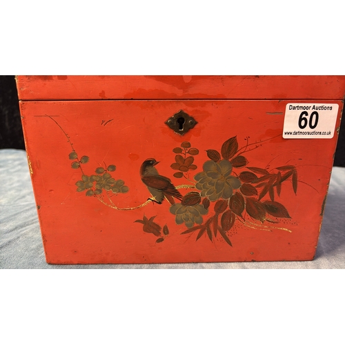 60 - Chinese hand painted lacquer tea chest with bird and floral design and Chinese writing to lid (appro... 