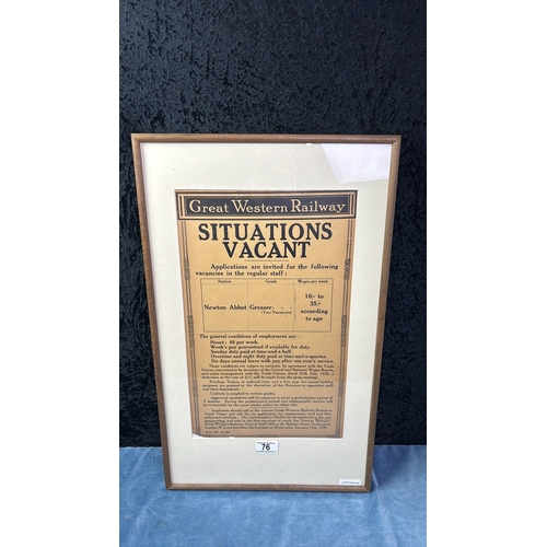 76 - Framed GWR Great Western Railway Situation Vacant original poster from 1930 advertising vacancies at... 