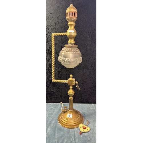 80 - Magnificent brass lamp with glass shade and electrical cabling, approx 84cm tall