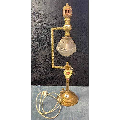 80 - Magnificent brass lamp with glass shade and electrical cabling, approx 84cm tall