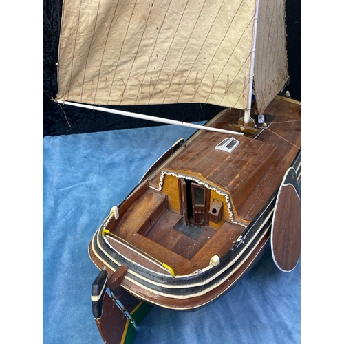 129 - Fabulous vintage, varnished model of a kit built, 2 masted wooden sailing vessel / Dutch barge H75cm... 