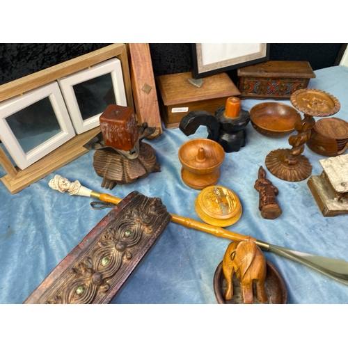 142 - Interesting collection of European and Asian influenced collectible wooden items inc very decorative... 