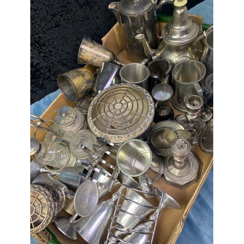 158 - Large box of plate and white metal tableware inc wine goblets, rose bowl, tankard, teapot and much m... 