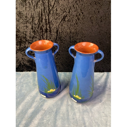 162 - An opposing pair of Kingfisher Torquay Pottery Longpark glazed terracotta two handled vases H30cm ap... 