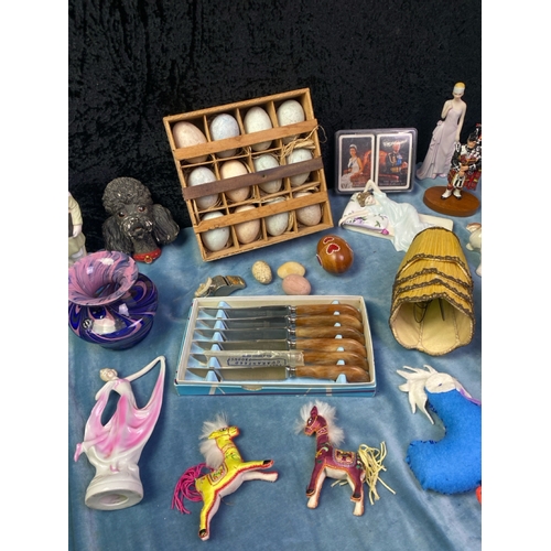 172 - Mixed Lot inc ceramic figurines, boxes Sheffield steel steak set, Phoenician glass, Malta coloured v... 