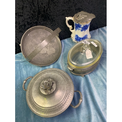 174 - Unusual pewterware items inc early Pyrex dish in pewter holder 1940s/50s, a pretty pewter lidded blu... 