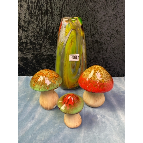 180 - A Dave Reade style glass art vase H27cm together with 3 graded studio style ceramic mushrooms