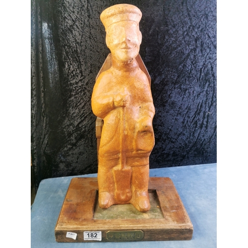 182 - Large ancient Chinese Pottery figure on stand, Brass plaque on front 'Han' H47cm approx