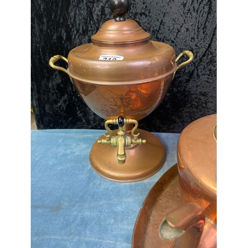 210 - Copper kitchenalia inc a Samovar 2 large kettles and smaller kettles