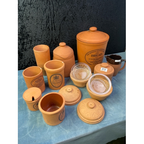 213 - Good collection of terracotta kitchenware inc bread pot, wine cooler and storage pots