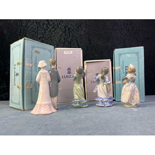 230 - A set of 4 boxed Lladro figurines inc Bride and Groom, Valencian Girl, and two Flamenco dancing girl... 