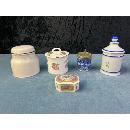 239 - Collection of interesting kitchen ware inc bee embellished honey jars, egg coddlers, Wedgwood jam po... 