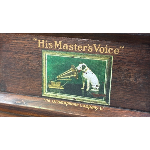 276 - HMV His Masters Voice wooden cased gramophone with trumpet, needle and handle in working order