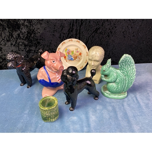 358 - Mixed ceramic items Inc Breyer style vintage poodles, green Sylvac squirrel, Wade piggy bank, Bunnyk... 