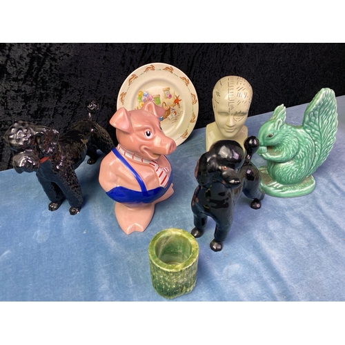 358 - Mixed ceramic items Inc Breyer style vintage poodles, green Sylvac squirrel, Wade piggy bank, Bunnyk... 