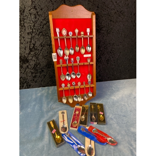 359 - Super wooden display board of collector's teaspoons along with a host of boxes spoons