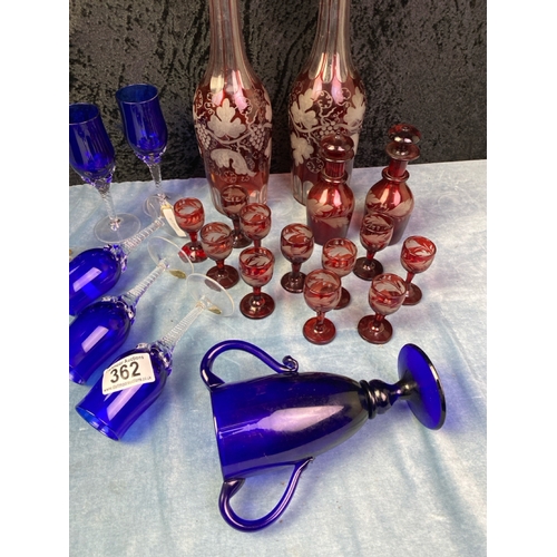 362 - Exquisite Lot of antique hand blown glassware inc set of 6 Bohemian blue glasses and cobalt blue, tw... 