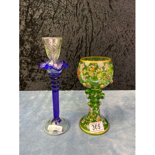 365 - Stunning floral, enamel painted green glass, Myers Neffe goblet along with cobalt blue hand blown ca... 