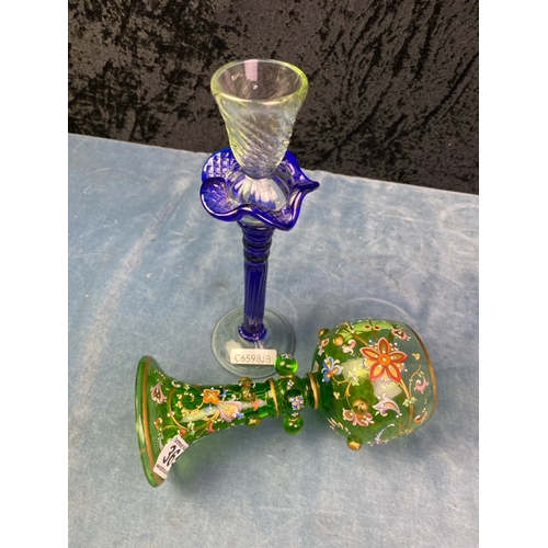 365 - Stunning floral, enamel painted green glass, Myers Neffe goblet along with cobalt blue hand blown ca... 