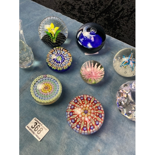 368 - Further collection of 9 hand blown glass paperweights inc Caithness 'Comet', 'The Rain', millefiori,... 