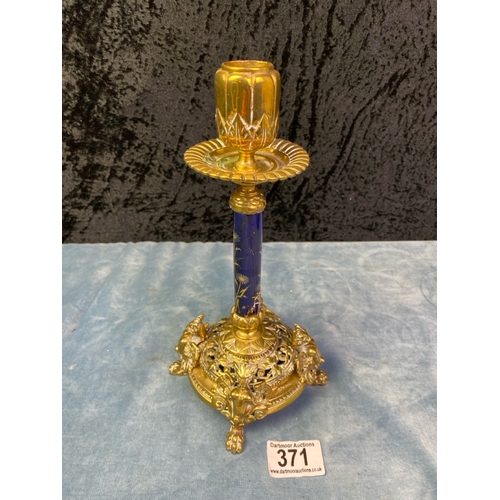 371 - Unusual antique Victorian quality brass & porcelain candlestick. Ornate brass top with cobalt blue a... 