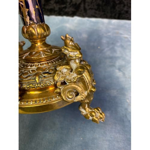 371 - Unusual antique Victorian quality brass & porcelain candlestick. Ornate brass top with cobalt blue a... 