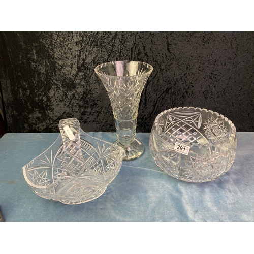 391 - Three super, large cut glass items inc substantial bowl, vase and basket