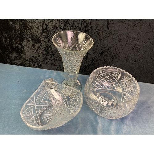 391 - Three super, large cut glass items inc substantial bowl, vase and basket