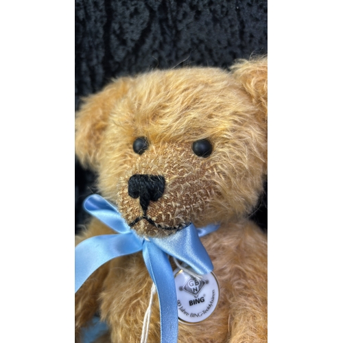 392 - German made Bing 90 year anniversary teddy bear with porcelain tag. Mohair fur with felt pads, growl... 