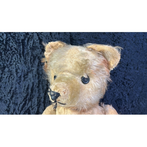 393 - Antique excelsior / wood wool stuffed teddy bear with (very patchy) mohair fur, articulated head and... 