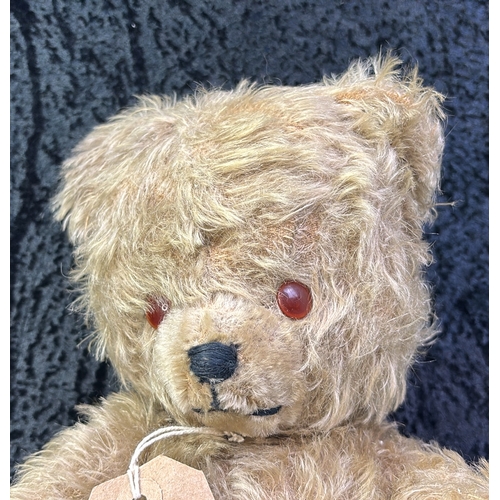 395 - Vintage mohair teddy bear, amber coloured eyes, stitched nose and shaved muzzle. Approx 35.5cm ear t... 