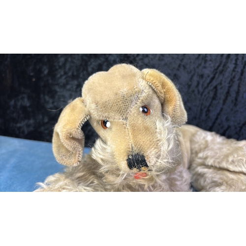 401t - Vintage c1950s excelsior / wood wool stuffed light coloured mohair dog, no makers marks but possibly... 