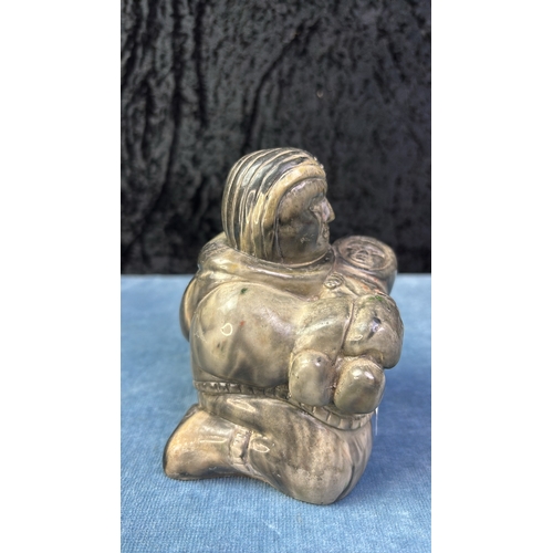 408 - Inuit stone sculpture figurine signed Thorn Canadian Eskimo Woman & Baby H12 cm