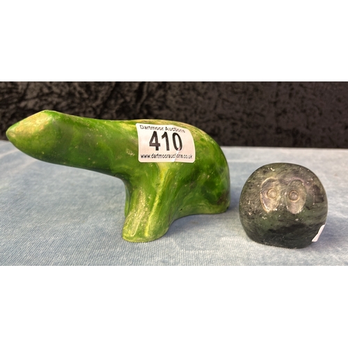 410 - Canadian nephrite jade sculpted polar bear signed to base, H7cm with Canada jade/marble sculpted owl... 