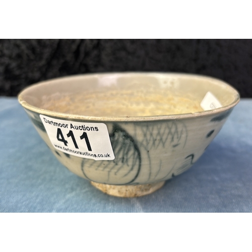 411 - Chinese hand thrown blue,  glazed with blue designs, of some age a/f