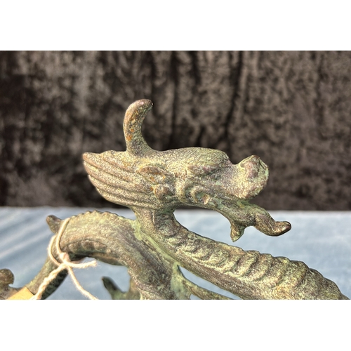 412 - Fabulous, heavily patinated cast bronze Chinese dragon, of some age. Well detailed, unusual pose