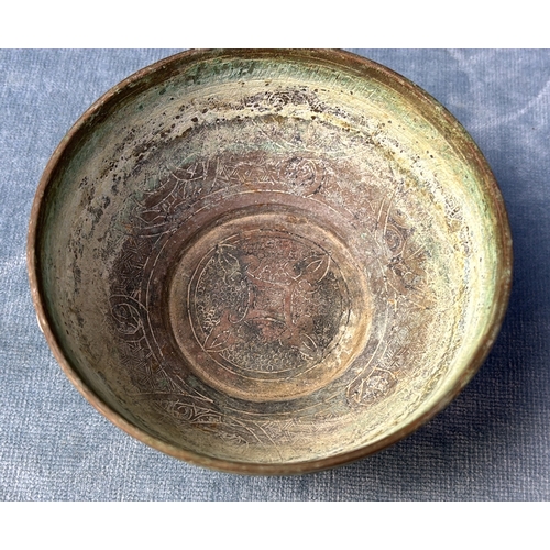 418 - Antique intricately inscribed,  well patinated metal bowls with lighter coloured metal relief decor.... 