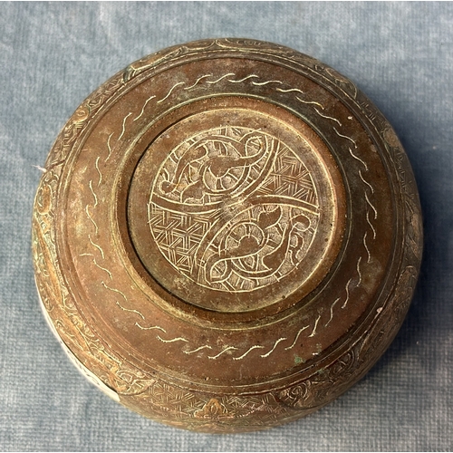 418 - Antique intricately inscribed,  well patinated metal bowls with lighter coloured metal relief decor.... 